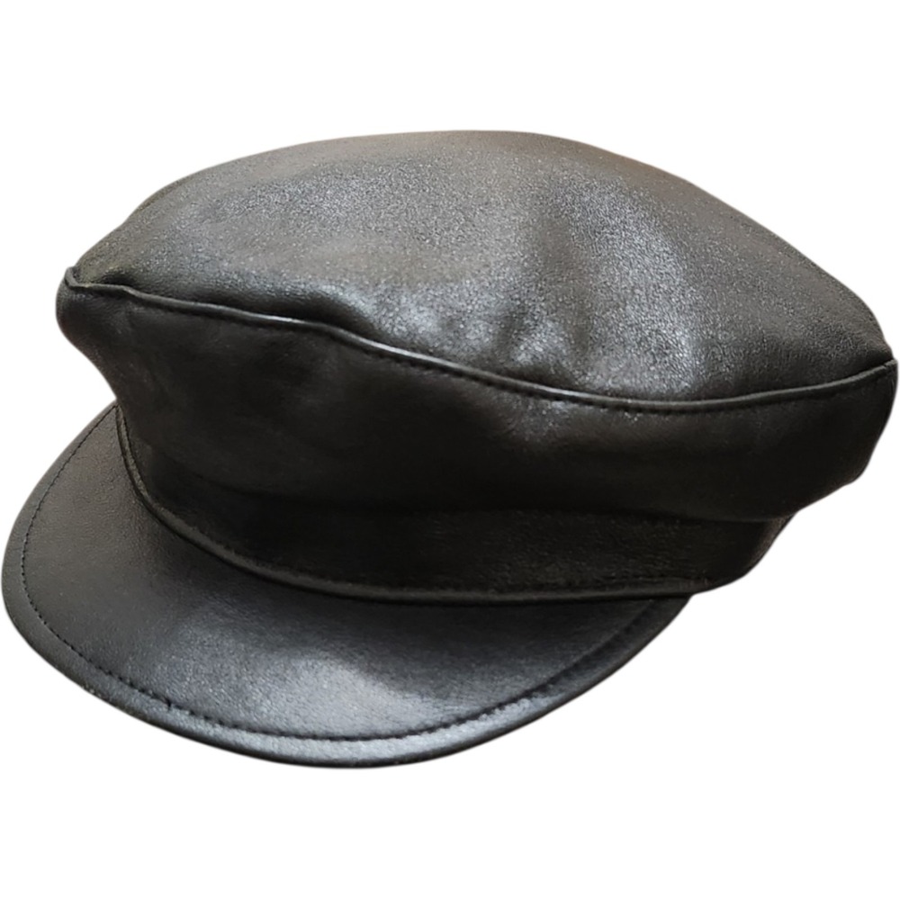 Danish Quality Black Leather Fiddler Cap Greek Fisherman Hat Made in Denmark
